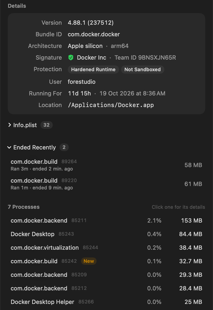 Die Seitenleiste von Docker: die Karte „Details“ mit Version, Bundle-ID und Signatur, „Kürzlich beendet“ mit zwei Prozessen und sieben Prozesse, einer davon als „Neu“ markiert
