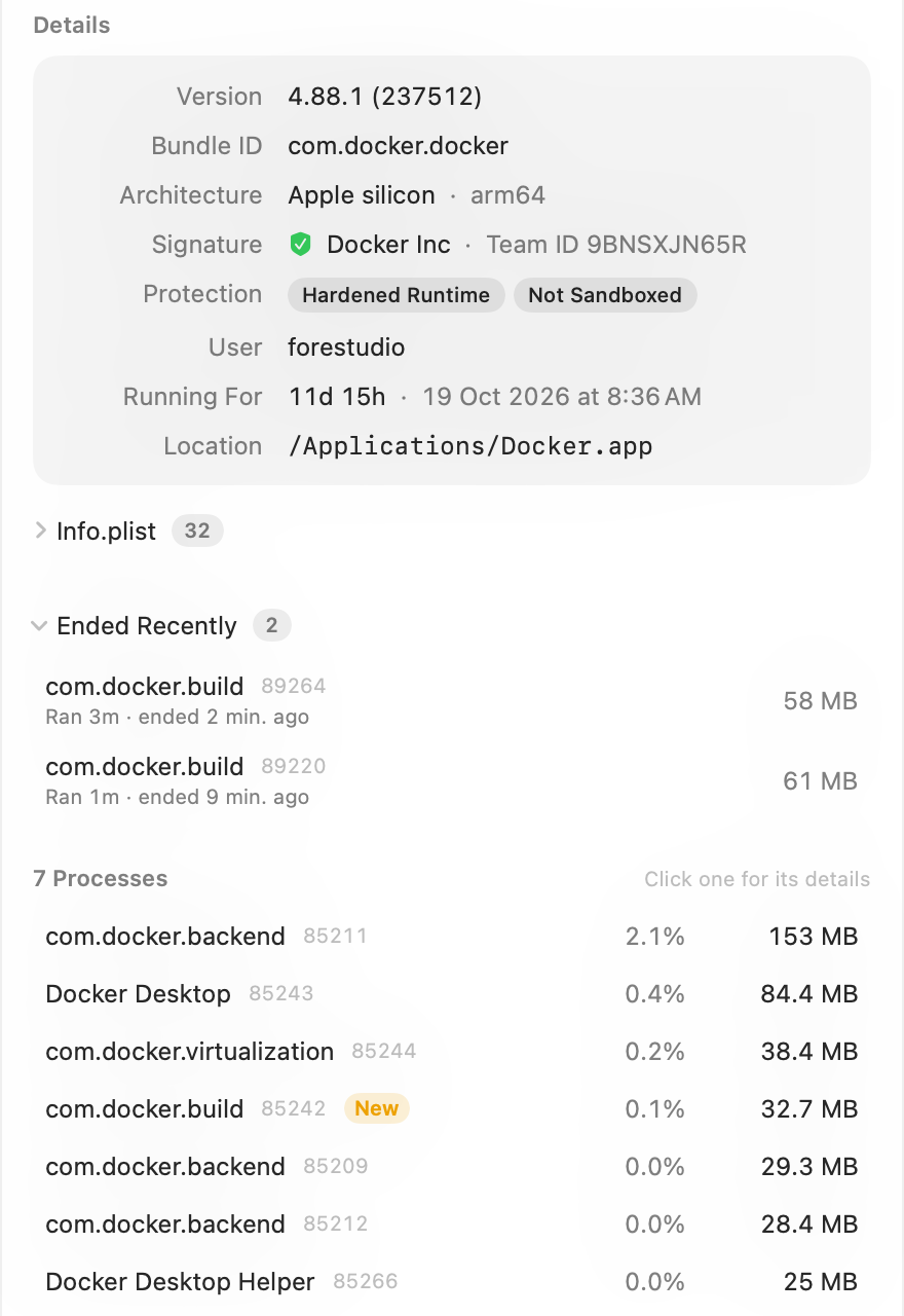 Die Seitenleiste von Docker: die Karte „Details“ mit Version, Bundle-ID und Signatur, „Kürzlich beendet“ mit zwei Prozessen und sieben Prozesse, einer davon als „Neu“ markiert